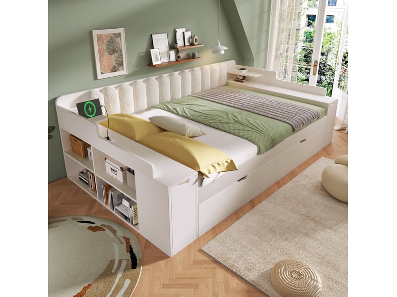  Lit de jour canapé-lit 140 x 190 cm blanc avec rangements, usb et usb-c  - Conforama B
