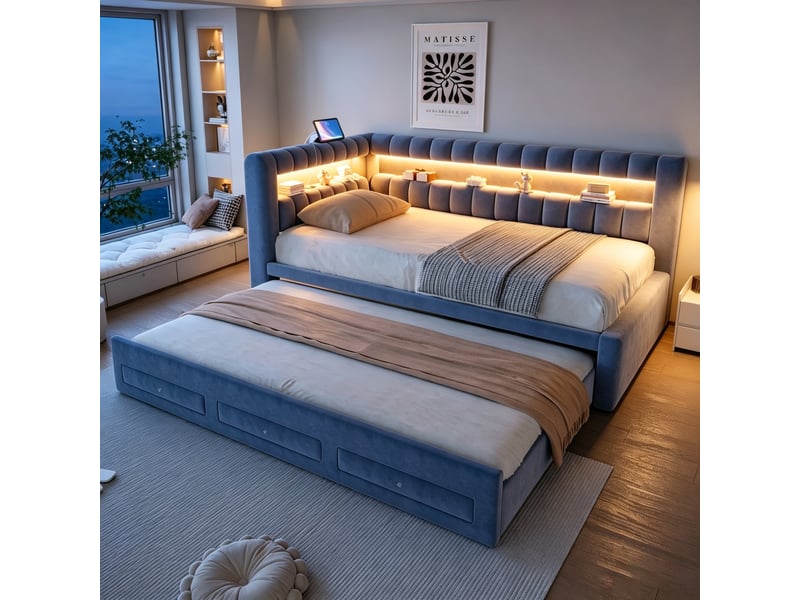  Canapé-lit 90 x 190 cm – avec lit gigogne – avec 3 tiroirs – avec éclairage led – avec port de charge usb – gris foncé (matelas non inclus)  - Conforama B