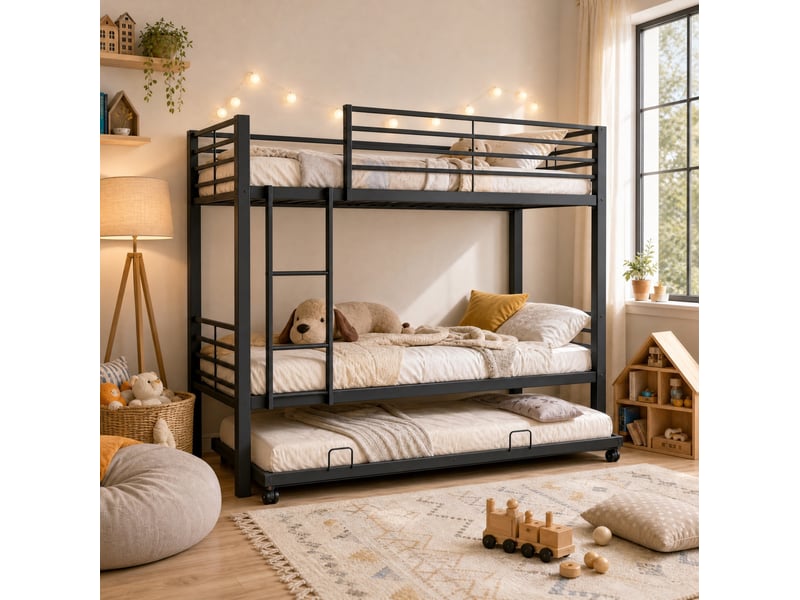  Lit superposé avec lit gigogne tcqpz 90 x 200 cm 3 couchages métal noir  - Conforama D