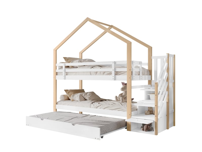 Lit superposé enfant 90x200 et 90x190 cm – blanc et naturel – lit gigogne, escalier de rangement – sans matelas - Conforama A
