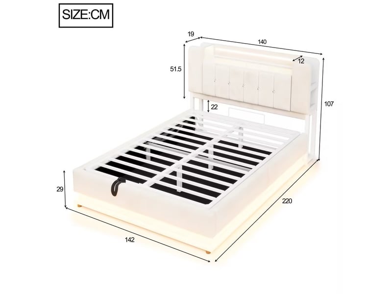  Lit coffre 140 × 200 cm avec led, usb et rangement tête de lit, sommier à lattes en métal beige 220 × 142 × 107 cm  - Conforama C