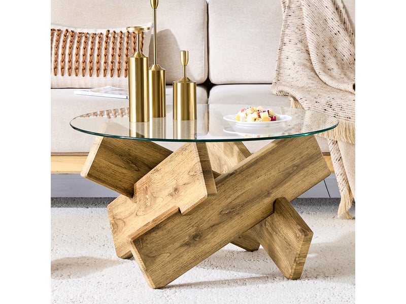  Table basse ronde ø79 cm en mdf et verre trempé 8 mm, piètement croisé design  - Conforama B