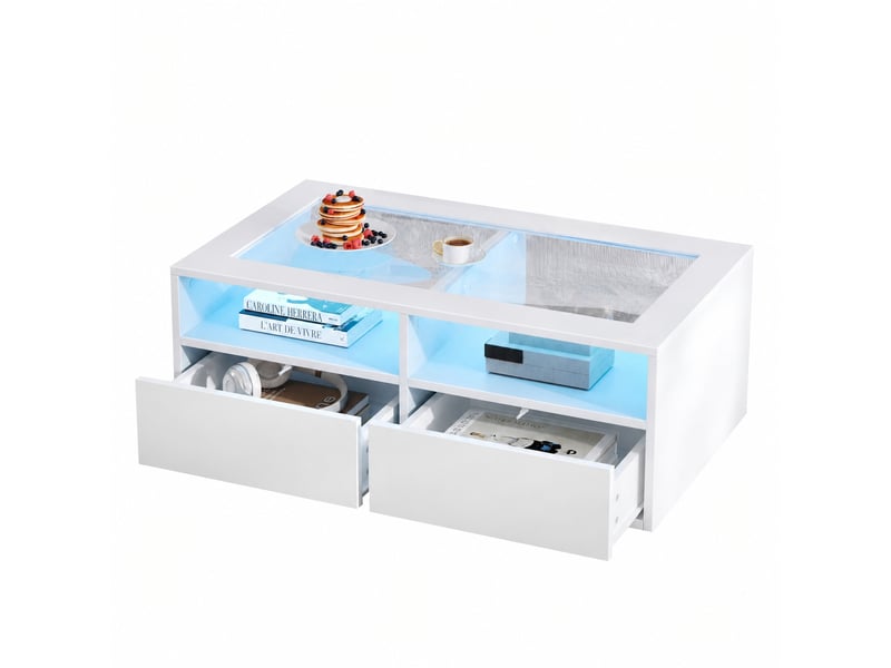 Table basse led blanche, verre trempé, 2 tiroirs et 2 niches, 100 x 50 x 35 cm, blanc - Conforama A