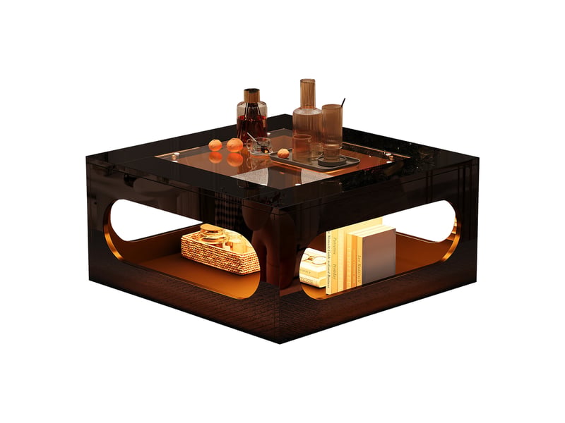  Table basse, avec éclairage led, avec rangement intégré, 70 x 70 x h 35 cm, noir, plateau en verre trempé, structure en mdf, style moderne, pour salon Luxe haut de gamme - Conforama A