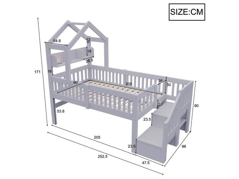 Lit mezzanine enfant 90x200 cm avec rangements et éclairage led, bois et mdf, gris sans matelas - Conforama C