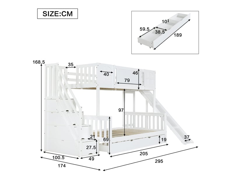 Lit superposé enfant 90x200 et 120x200 cm blanc avec toboggan et rangement  - Conforama C