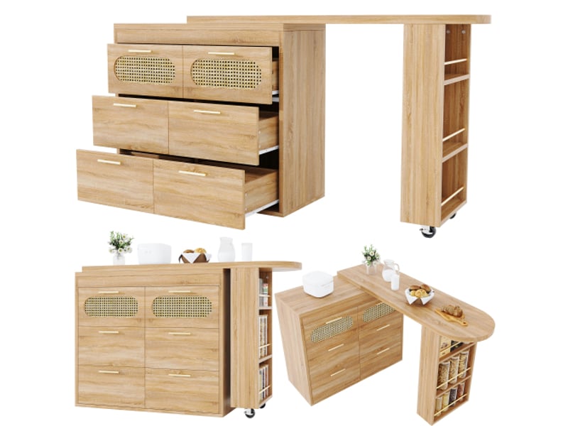 Table de bar 6 tiroirs + portes en rotin pe, table haute pivotante 360° avec sécurité anti-basculement grand rangement - Conforama A