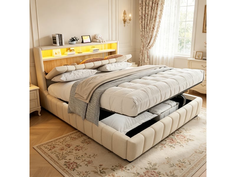  Lit coffre rembourré 180x200 cm, rangement hydraulique, tête de lit avec rangement, led, usb et usb-c, lin, métal et mdf, beige OMNIGLINT TRADING LTD - Conforama D