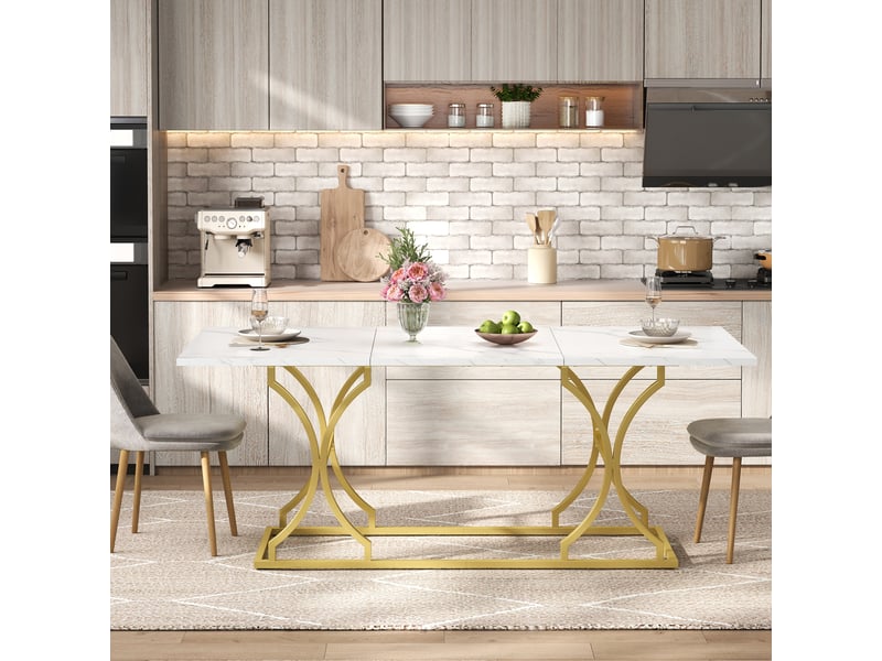 Table à manger 200x80x76 cm, 8-10 pers, plateau effet marbre(non marbre), pieds métal réglables, mdf, blanc et doré - Conforama R