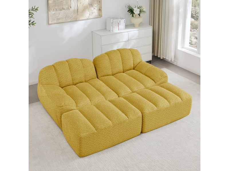  Canapé modulaire 2 places avec ottoman et assise ergonomique en tissu polaire granuleux jaune  - Conforama D