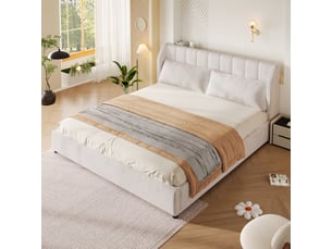 Lit rembourré beige 180x200 cm en velours, 2 coussins inclus, tête de lit à surpiqûres verticales et sommier à lattes en bois