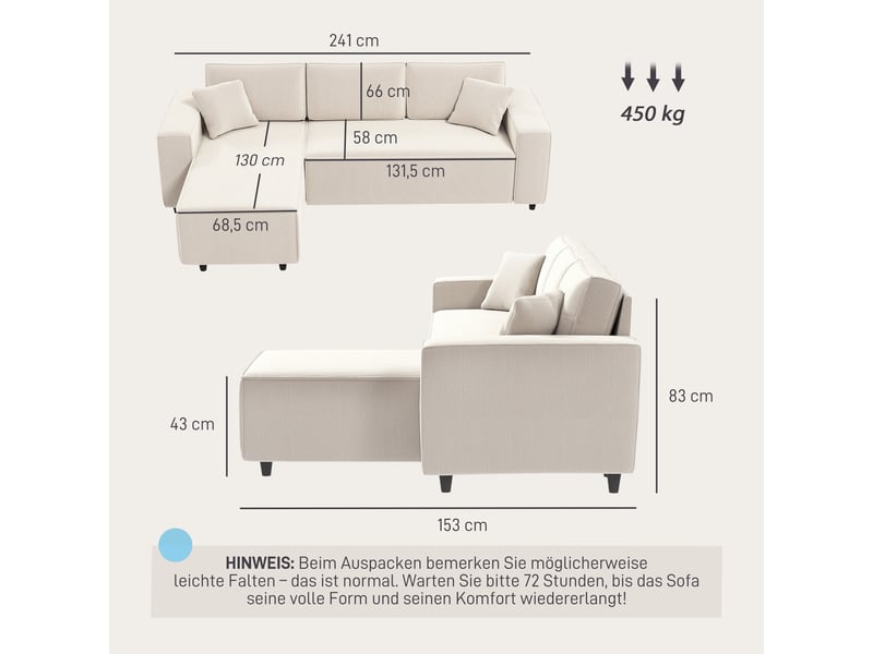 Canapé d'angle 3 places réversible en velours côtelé avec 2 coussins blanc crème - Conforama C