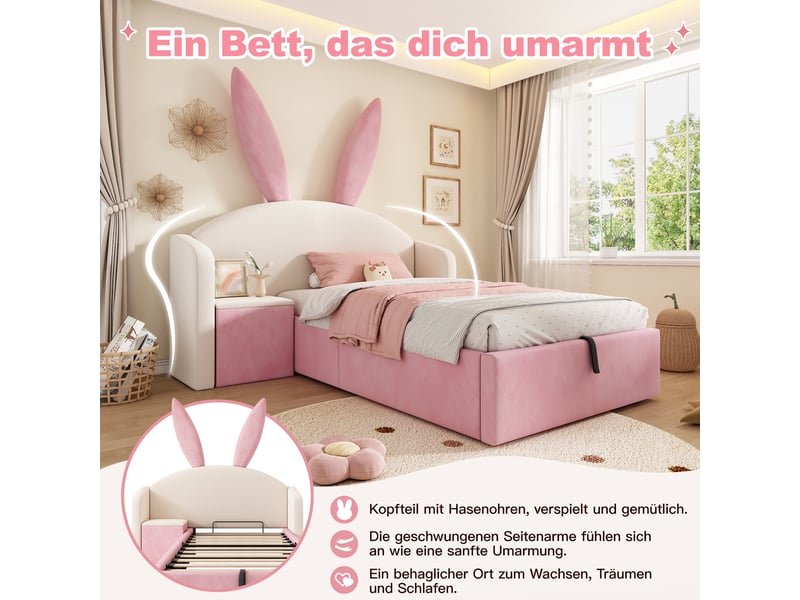  Lit enfant 90x190 cm avec rangement - lit coffre hydraulique - tête de lit oreilles de lapin - table de chevet - velours - rose  - Conforama W