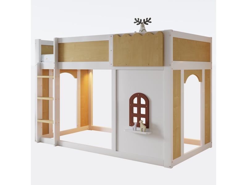  Lit mezzanine enfant 90x200 cm, bois blanc et naturel, espace de jeu sous le lit, garde-corps ondulé, fenêtre, échelle et éclairage d’ambiance intégré  - Conforama A