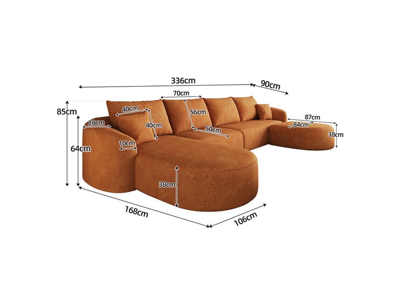  Canapé panoramique tcqpz en u modulable 5 places 336 x 168 x 85 cm sans montage tissu chenille orange  - Conforama C