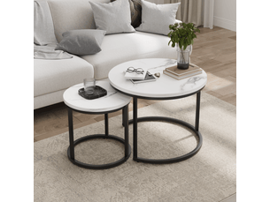 Table basse gigogne blanche 2 pièces – cadre métallique rond 60 cm, moderne – salon, chambre, bureau, petit espace