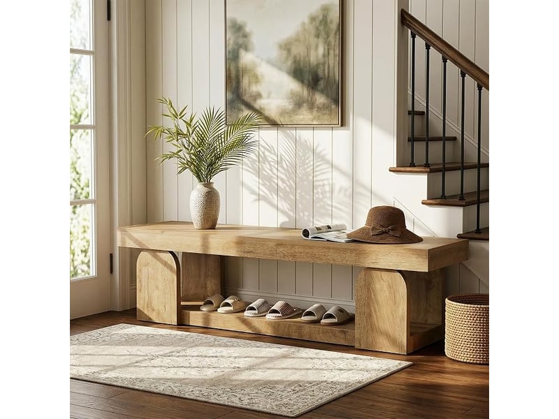  Banc d'entrée de 160 cm de long, banc à chaussures de style campagnard avec étagère de rangement, banc d'intérieur en bois naturel à placer au pied du lit, idéal pour la chambre, le couloir ou le hall d'entrée.  - Conforama D