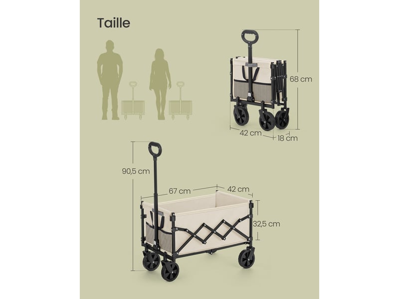  Chariot de transport pliable extérieur 42 x 67 x 90,5 cm grande capacité 90 litres finition robuste en acier beige sable 12_0012824  - Conforama B