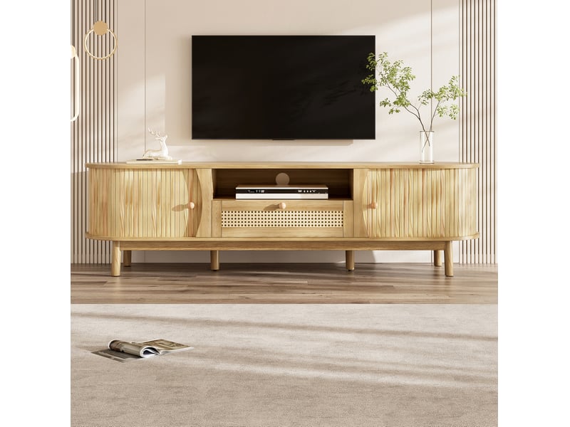  Meuble tv modenvie en mdf avec rotin 165 x 37 x 46 cm naturel portes coulissantes et tiroirs  - Conforama B