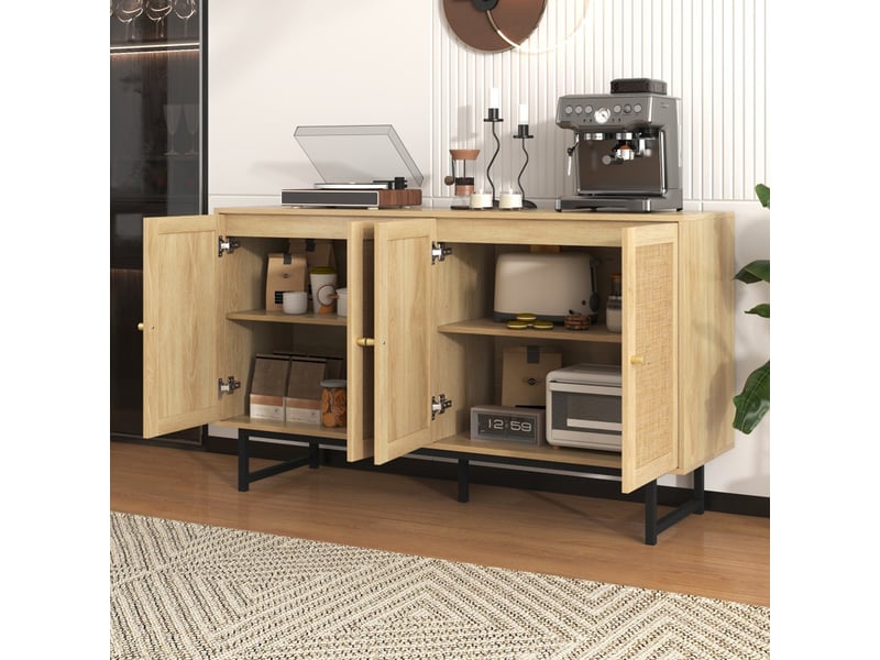  Buffet en rotin, 140 x 39,5 x 80 cm, buffet cuisine avec 4 portes, vaisselier, meuble de rangement  - Conforama D