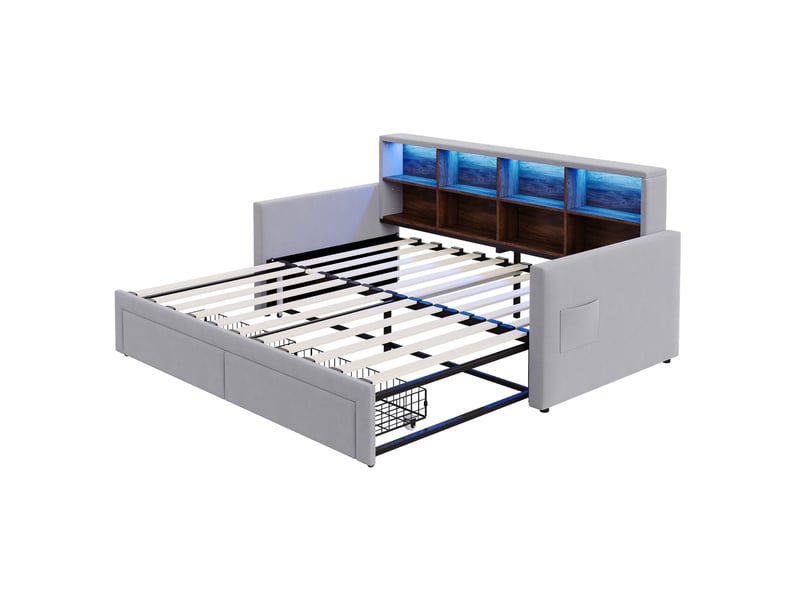 Lit gigogne enfant 90x190 cm canapé-lit avec led et tiroirs, velours, gris clair, sans matelas - Conforama E