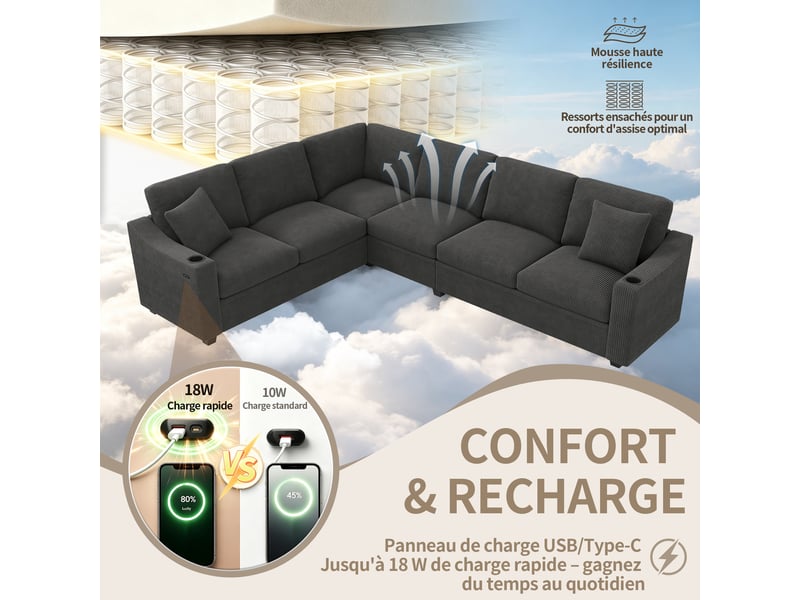  Canapé d'angle modulable 6 places 277x215x85 cm en velours côtelé avec usb type-c, porte-gobelets et 2 coussins - gris  - Conforama E