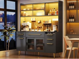 Buffet moderne avec éclairage led, 172 x 145 x 39 cm, panneau perforé, tiroir et étagères en verre, noir