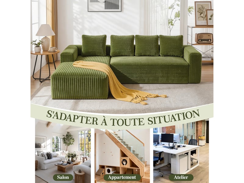 Canapé nuage d'angle modulable 4 places 261x168x58 cm, méridienne droite, assise profonde en mousse et ressorts, velours côtelé vert Radiant Stride - Conforama D