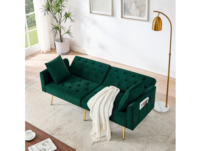 Canapé convertible 2 places 177 x 78 x 74 cm vert en velours, dossier réglable 3 positions, salon - Conforama B