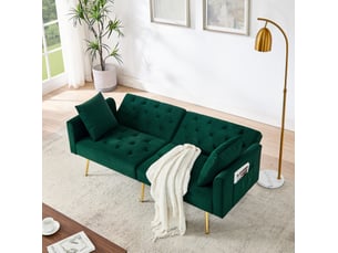 Canapé convertible 2 places 177 x 78 x 74 cm vert en velours, dossier réglable 3 positions, salon