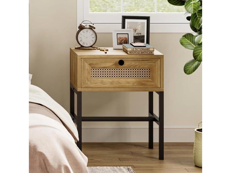  Table basse d'appoint en rotin bohème – tiroir et étagère ouverte – structure métal solide – pour salon, chambre ou dortoir PHO_0Z7F61E1 - Conforama C
