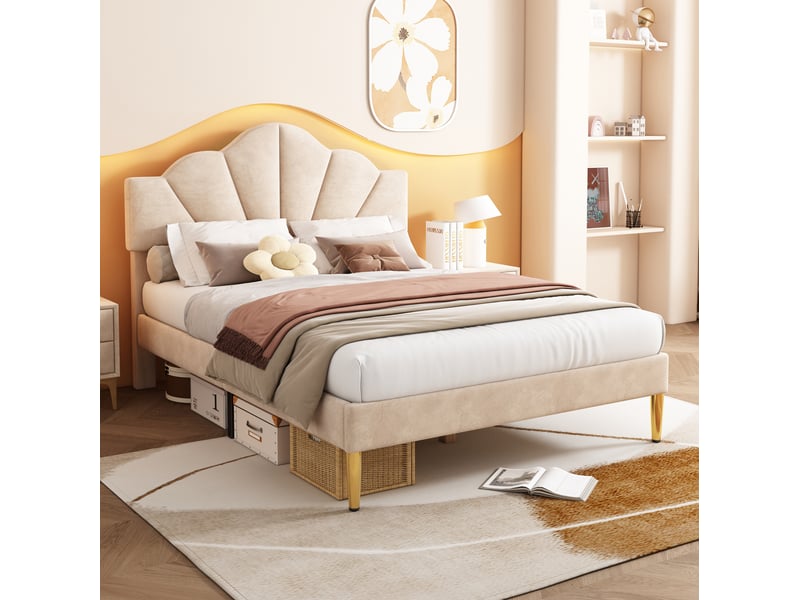 Lit adulte 140x200 cm rembourré en velours beige avec tête de lit réglable  - Conforama D