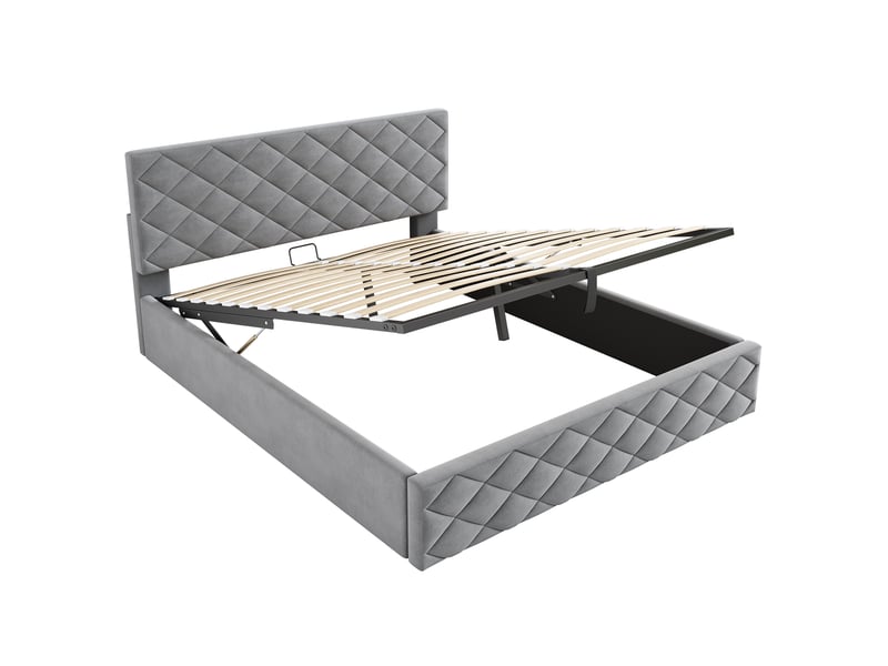 Lit coffre rembourré gris 140x200 cm avec vérin hydraulique sommier rangement design élégant  - Conforama D