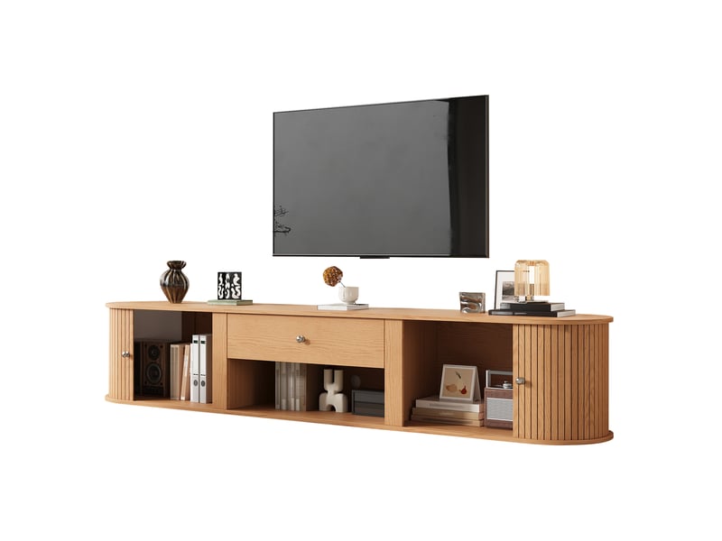  Meuble tv bas 180x40x40 cm avec 2 portes roulantes, 1 tiroir de rangement, structure panneau de particules, naturel  - Conforama A