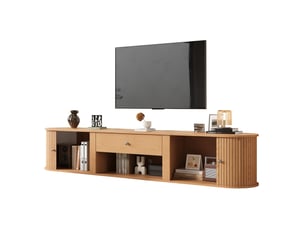 Meuble tv bas 180x40x40 cm avec 2 portes roulantes, 1 tiroir de rangement, structure panneau de particules, naturel