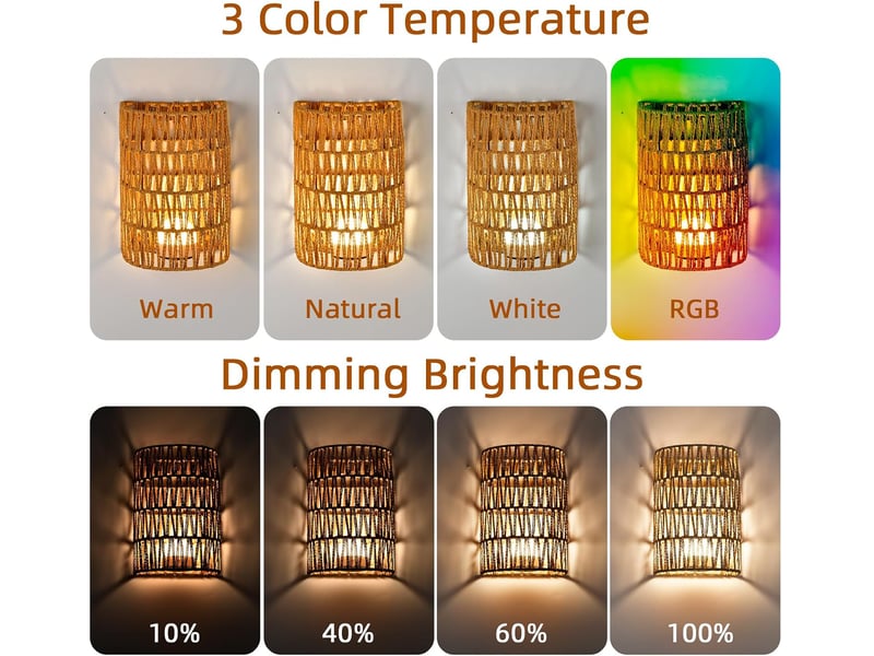 Applique murale en rotin sans fil, rgb – alimentation par pile, 2 pièce - Conforama D