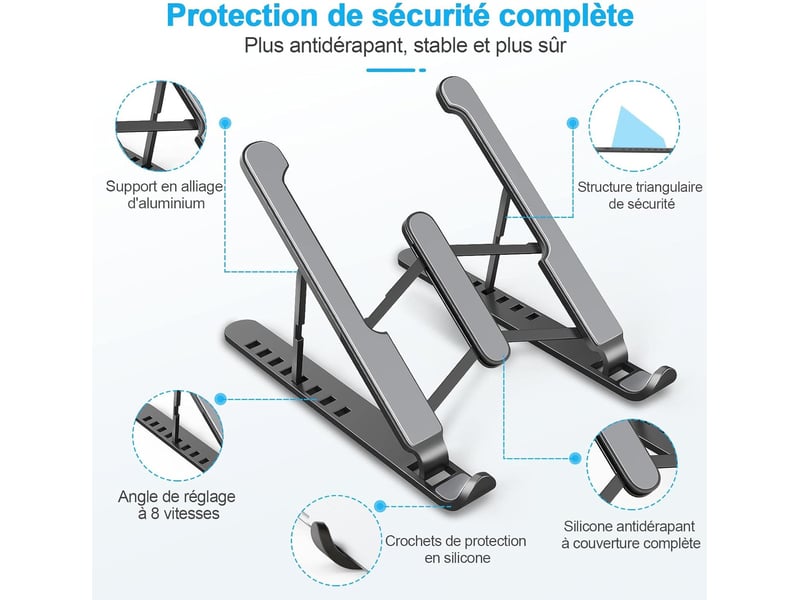  Support pc portable à 8 niveaux réglables – silicone antidérapant, noir  - Conforama B