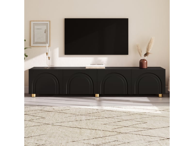  Meuble tv noir 180 cm avec 4 portes à relief 3d, meuble tv bas moderne avec pieds en métal pour salon, capacité 60 kg  - Conforama R