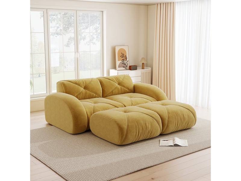 Canapé modulaire 2 places sans armature avec poufs, confort en chenille et mousse 32d, pour salon, jaune - Conforama B