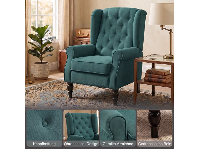  Fauteuil à oreilles capitonné en tissu avec accoudoirs vert foncé 74 x 86 x 102 cm  - Conforama D