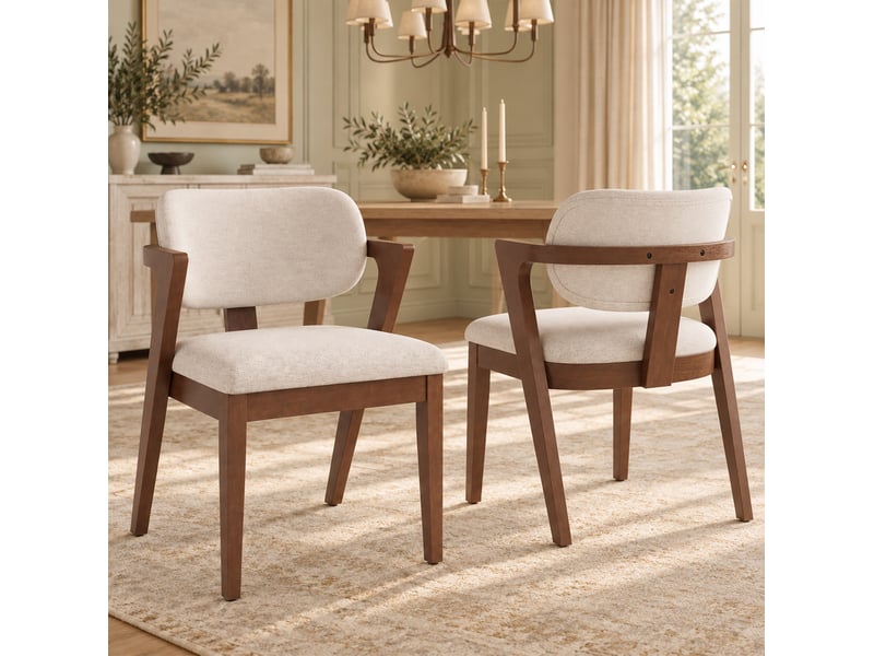 Lot de 2 chaises de salle à manger avec accoudoirs, bois, lin, noyer et beige avoine  - Conforama E