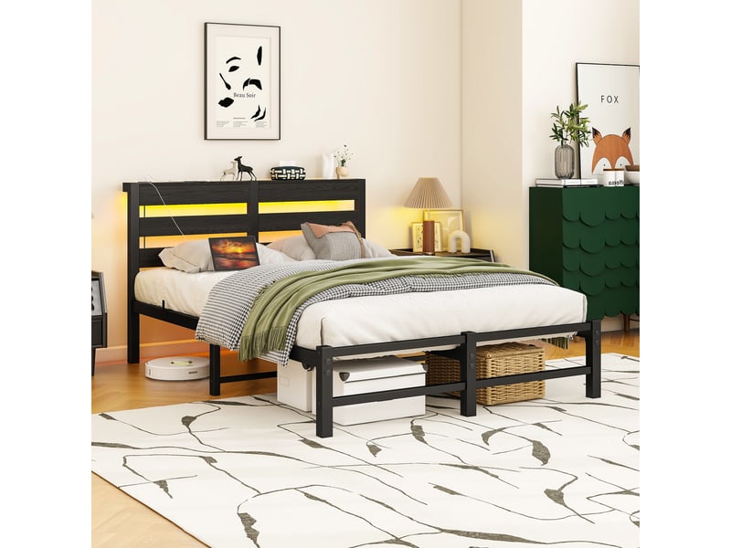 Cadre de lit, lit double 120x200 cm, rangement intégré, led, usb, métal et bois noir, sans matelas - Conforama D