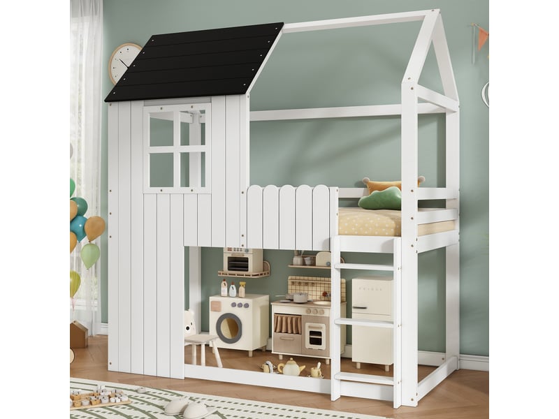  Lit mezzanine enfant 90x200 cm, lit cabane avec fenêtres, escalier 3 marches, barrières de sécurité, pin et mdf - blanc et noir  - Conforama B