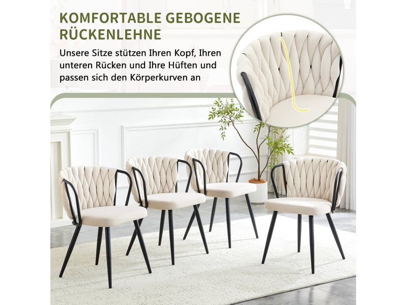  Chaise de salle à manger en velours avec dossier tressé ergonomique et pieds métalliques noirs, beige  - Conforama E