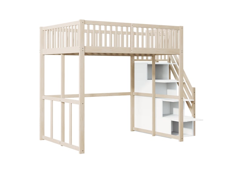 Lit mezzanine enfant 140 x 200 cm, escalier sécurisé avec rangement, barrières de protection, pour enfant ou adulte, pin massif, naturel evarich - Conforama D