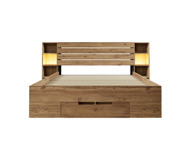  Lit double 160x200 cm couleur chêne, avec rangement, led et ports usb c, structure en bois et métal  - Conforama D