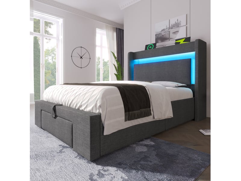  Lit coffre 90 × 200 cm 1 place avec led réglable, usb et usb-c, tiroir, matelas inclus, gris en lin  - Conforama B
