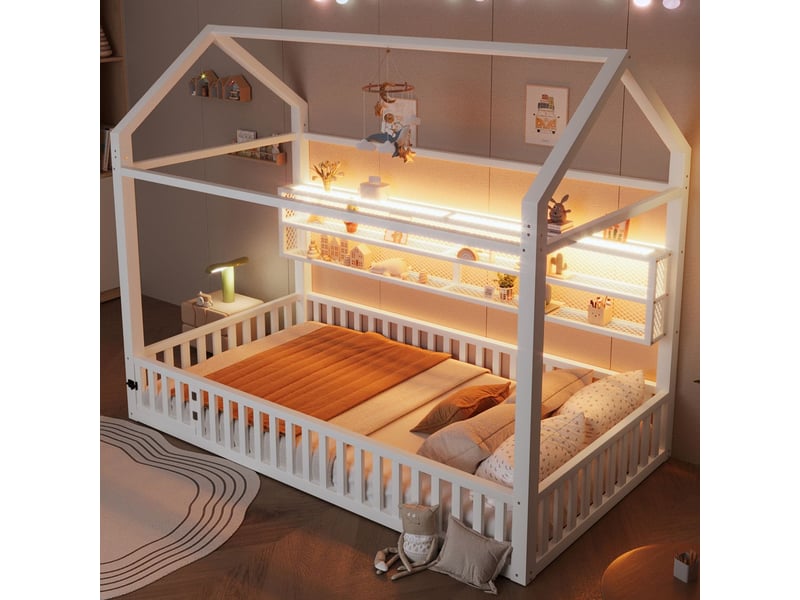  Lit enfant 90x200, garde-corps haut lit cabane enfant, structure métal robuste, led 7 couleurs, univers ludique  - Conforama B