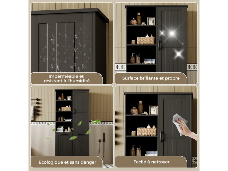 Armoire de salle de bain 78 x 35 x 172,7 cm,noir,panneau mdf laqué,double panier à linge,étagères réglables - Conforama E