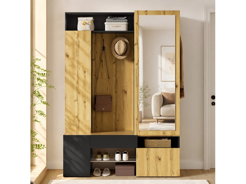  Meubles d'entrée avec miroir, penderie, porte-manteaux et rangement chaussures en mdf noir naturel 127 × 35 × 180,5 cm  - Conforama B